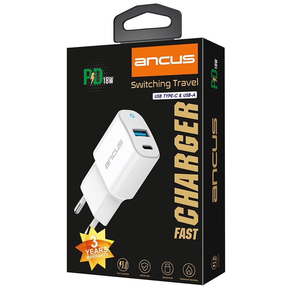 Ancus Φορτιστής Ταξιδίου USB + USB-C 18W 5V/3.4A Λευκό